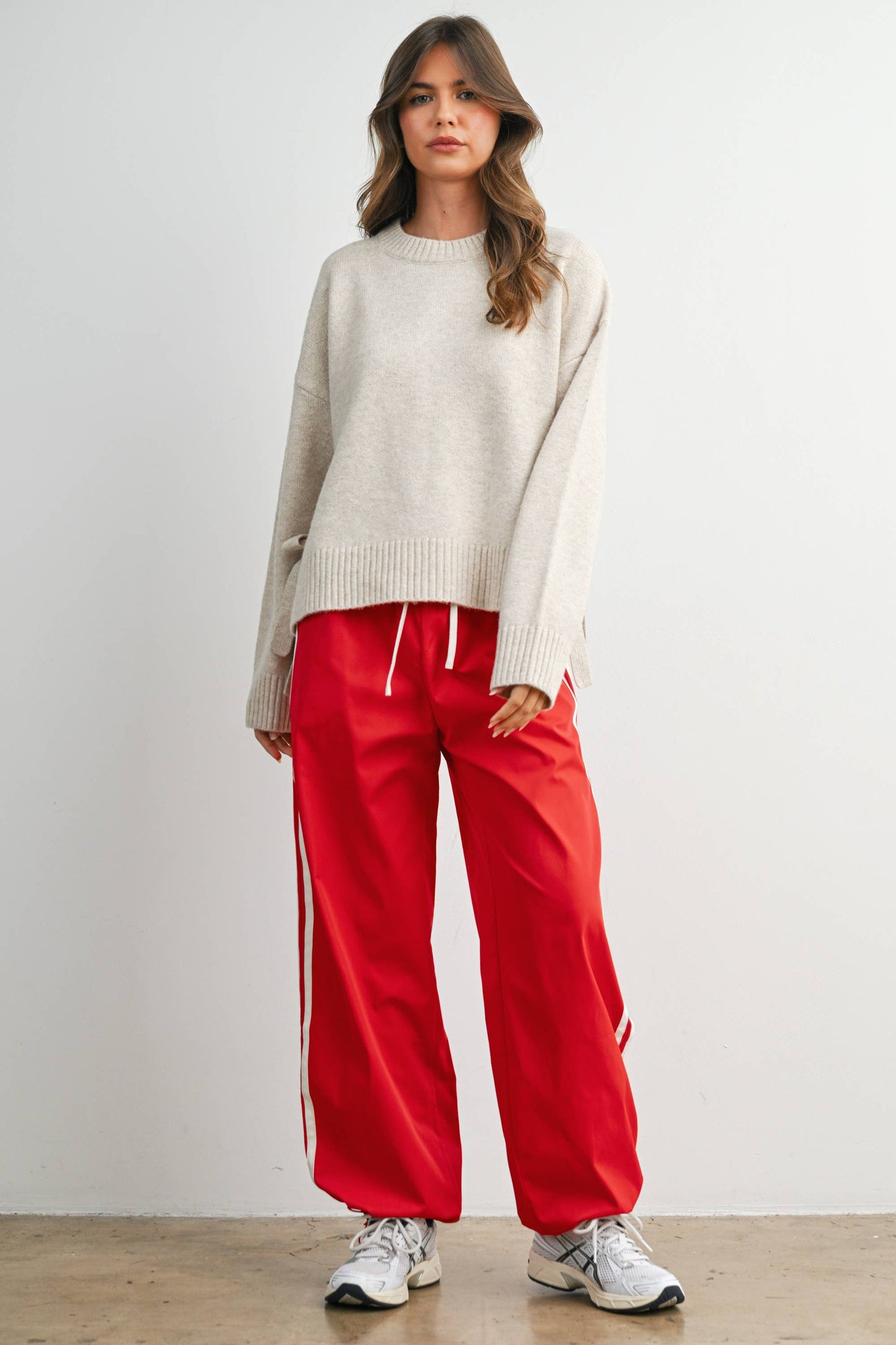 Striped, Drawstring Wide-Leg Cuffed Pants Red/White