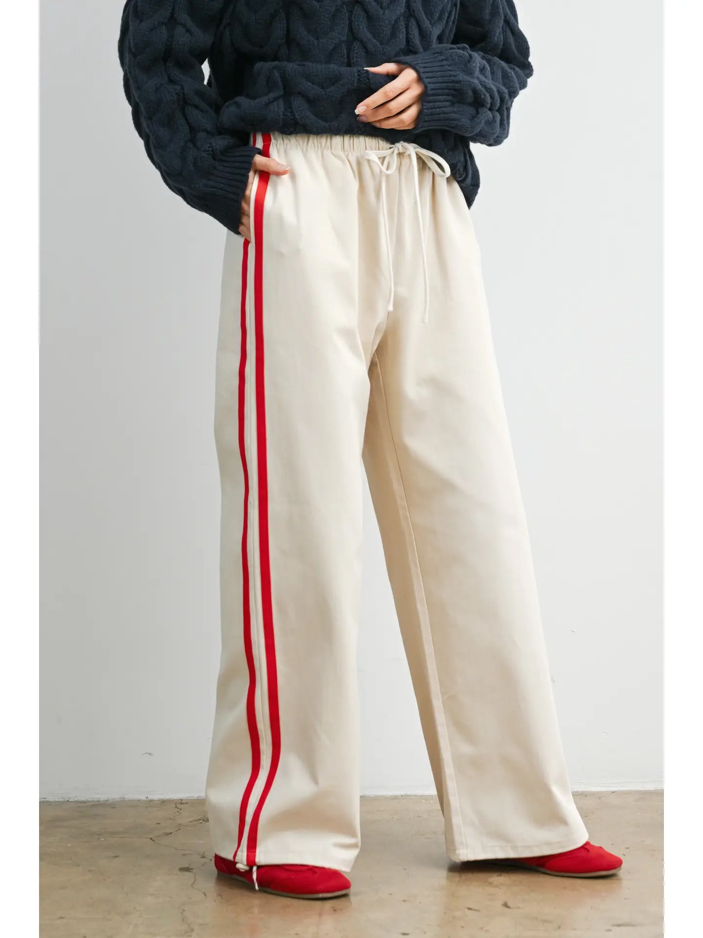 Cotton Striped Wide-Leg Drawstring Track Pants Ivory/Red
