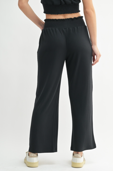 Sweet Soles Smocked Waistband Ribbed Wide Leg Pants Black