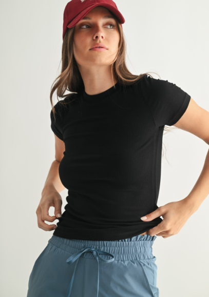 Sweet Soles Cotton Essential SS Ribbed Athleisure Top Black