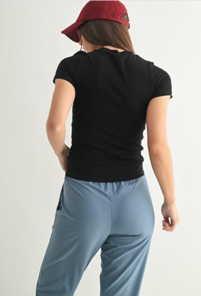 Sweet Soles Cotton Essential SS Ribbed Athleisure Top Black