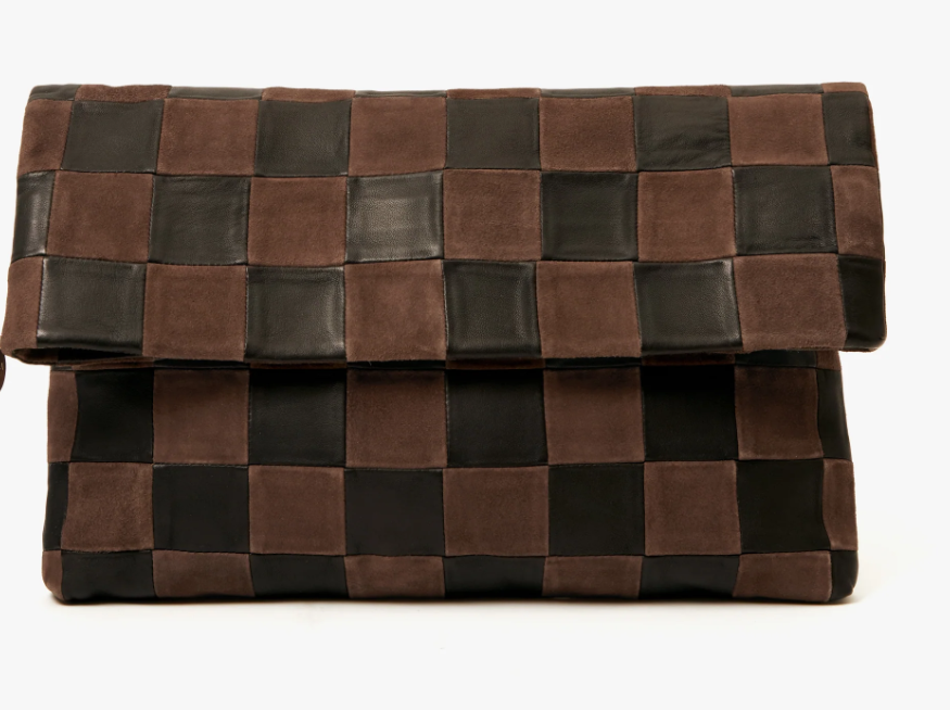 Clare V. Carryall Clutch Nappa & Suede Oversized Checker - Black/Chocolate