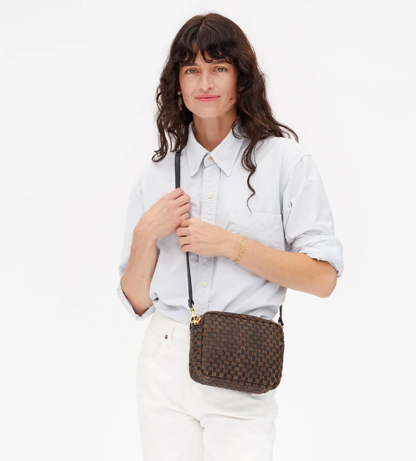 Clare V. Midi Sac - Leather & Suede Woven Checker - Black/Chocolate