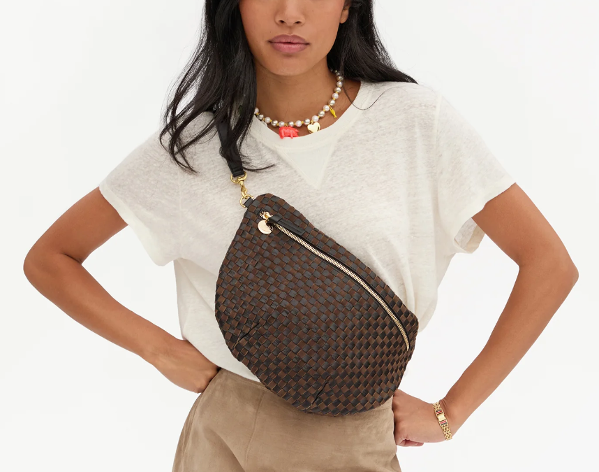 Clare V. Grand Fanny Leather and Suede Woven Checker Black/Chocolate