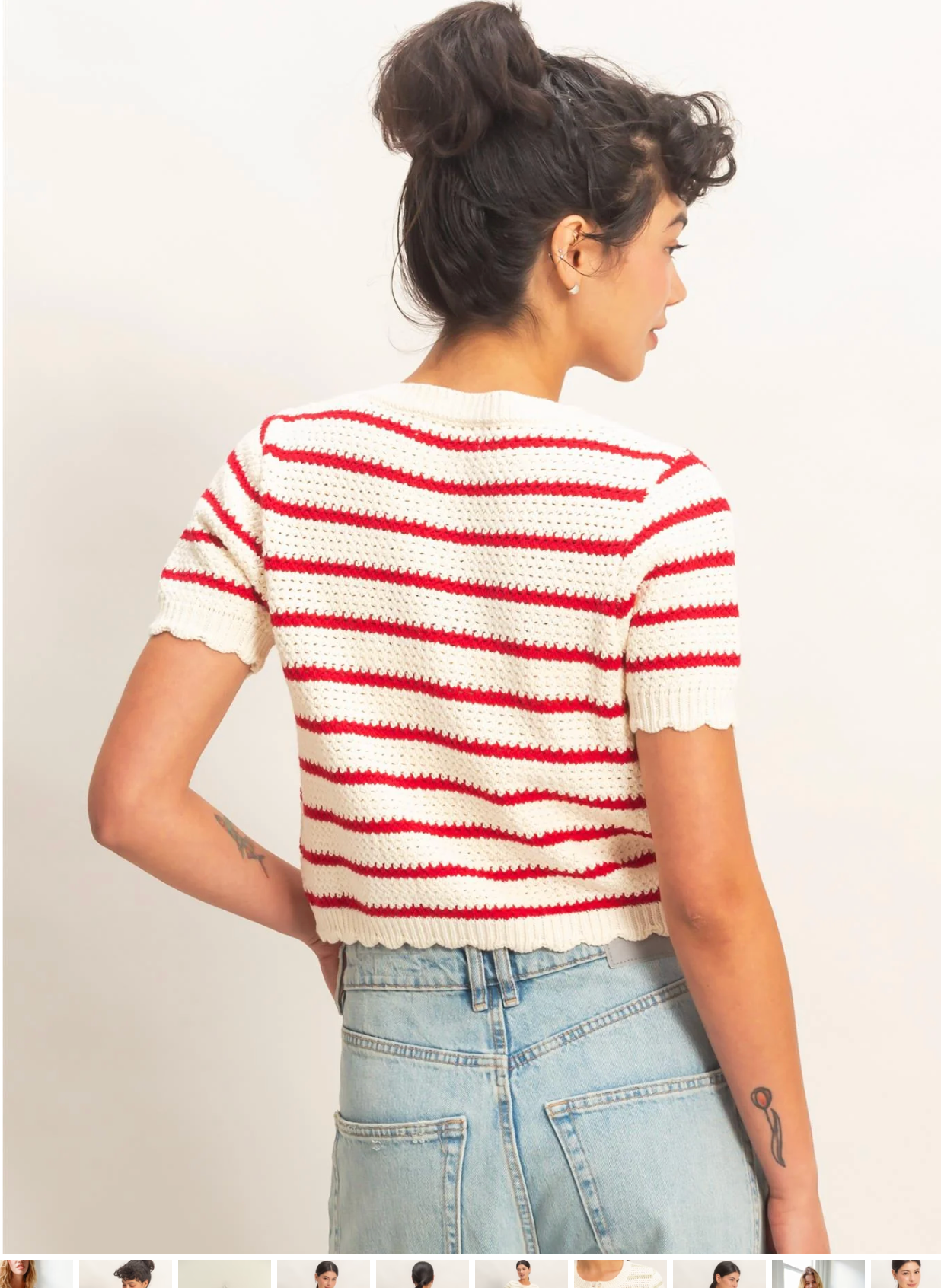 Sweet Soles Striped Short Sleeve Cardigan With Scallop Edge Red