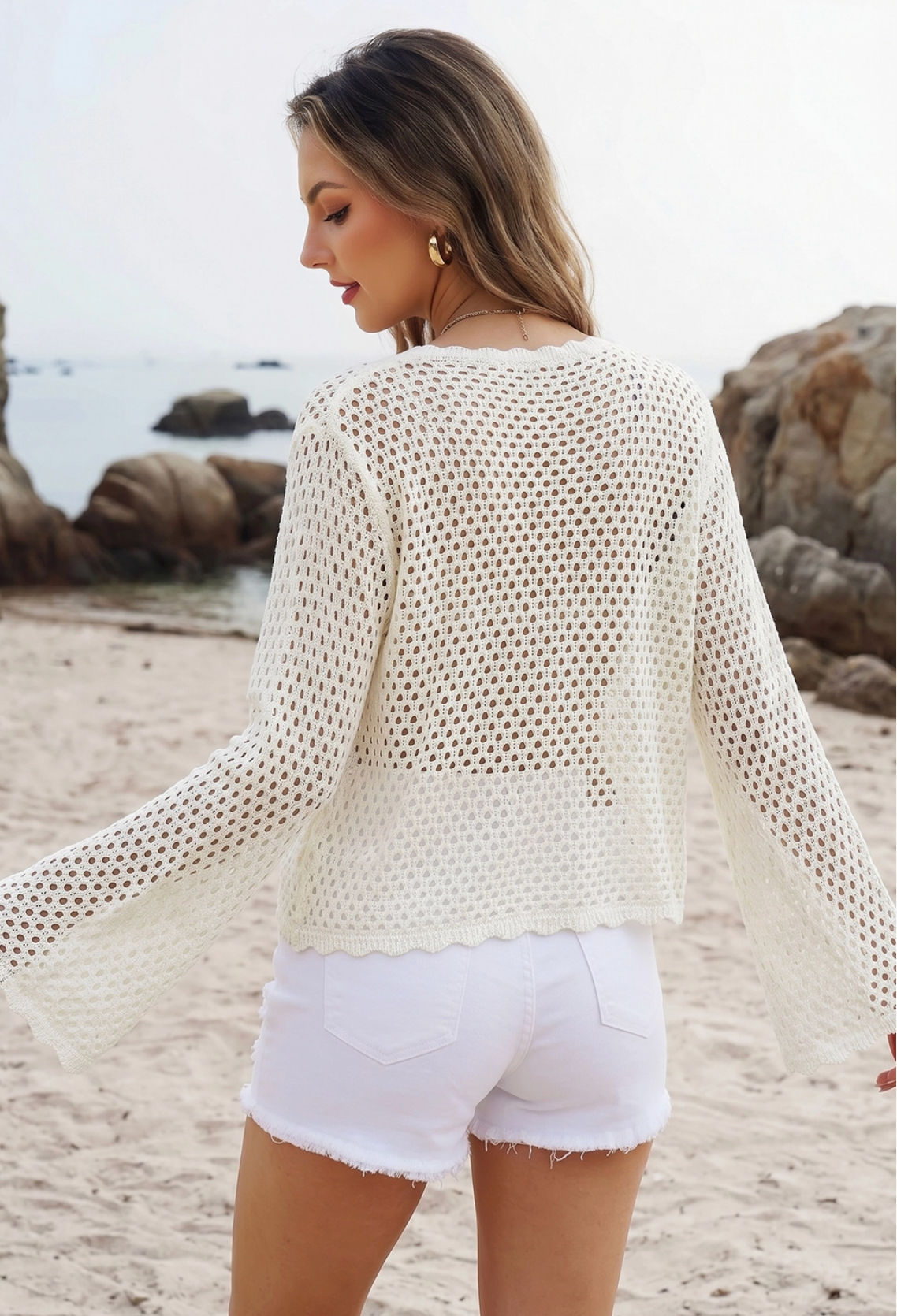 Scalloped Trim Hallow Out Knit LS White