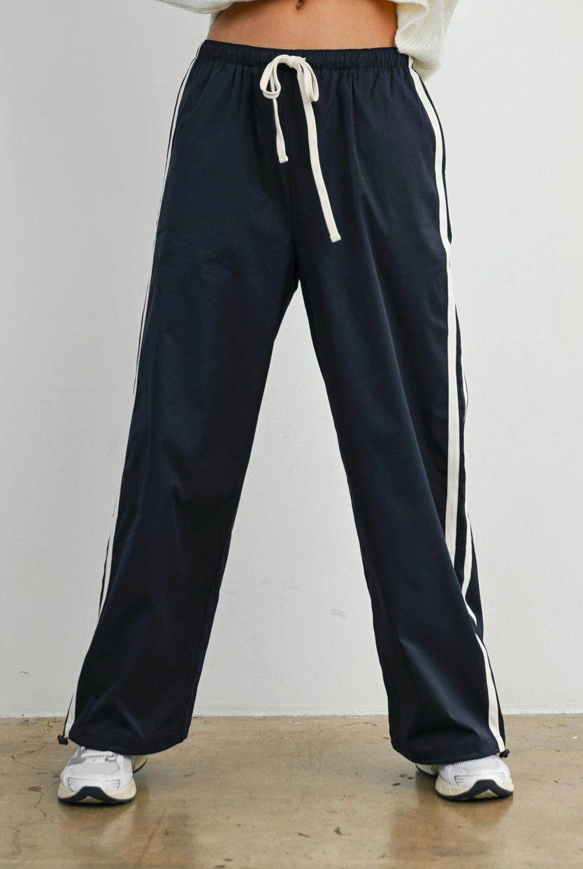 Striped, Drawstring Wide-Leg Cuffed Pants Navy/White