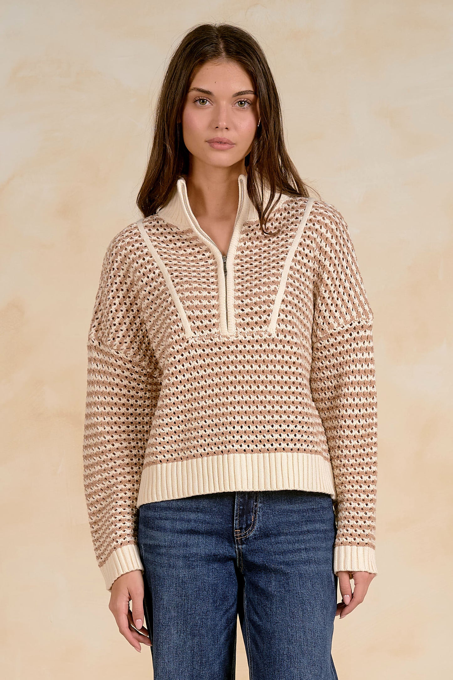 Elan 1/4 Zip Open K Sweater - Natural