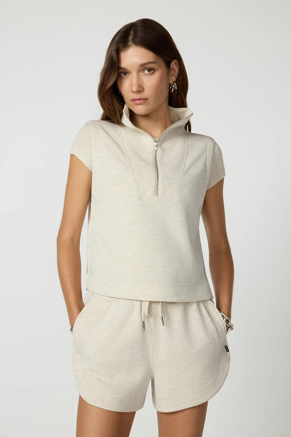 MPG Dreamweave Half Zip  Mock Neck Tank - Heathered Brown Rice