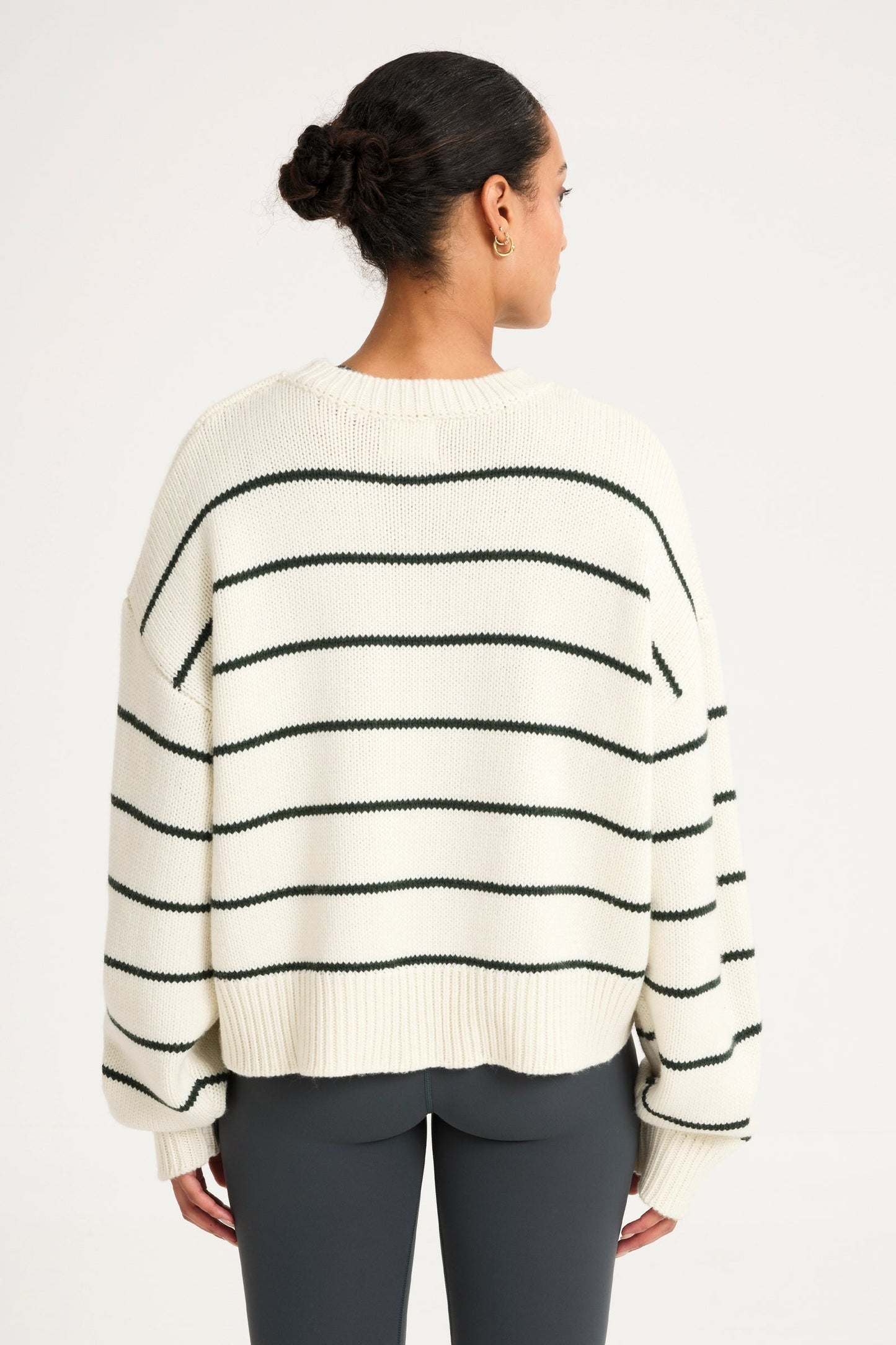 Allfenix Soft Stripe Cropped Crew Neck Knit Forest Green
