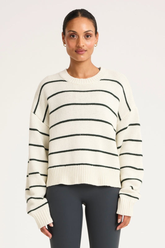 Allfenix Soft Stripe Cropped Crew Neck Knit Forest Green