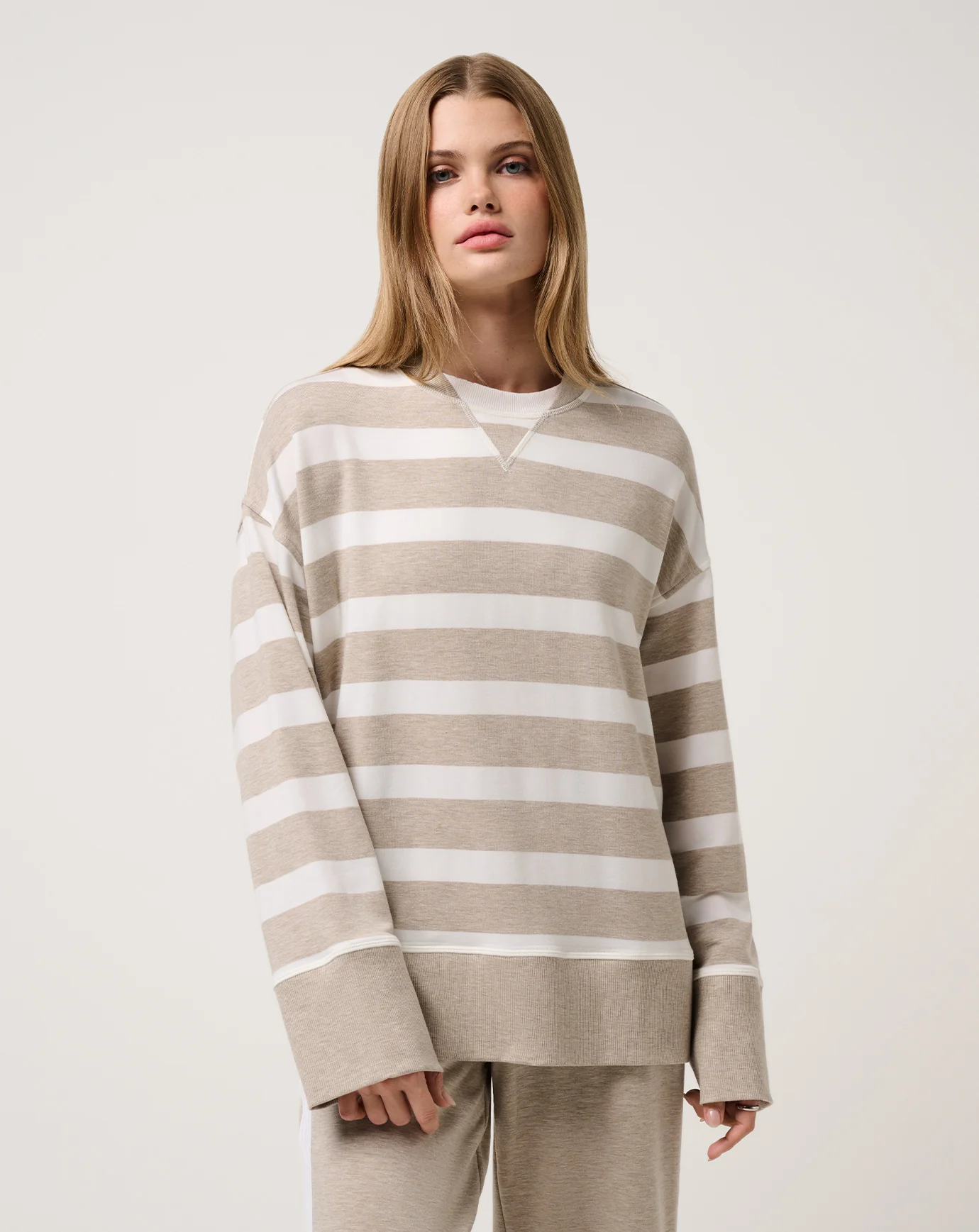 Travis Mathew Women's Cloud Terry Varsity Pullover- Heather Soft Taupe Multi