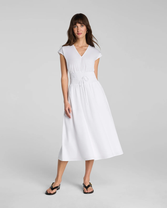 SPANX® Poplin Midi Smocked Midi Dress - White