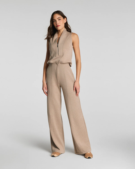 Spanx AirEssential Shawl Collar Half Zip Jumpsuit - Dune Heather