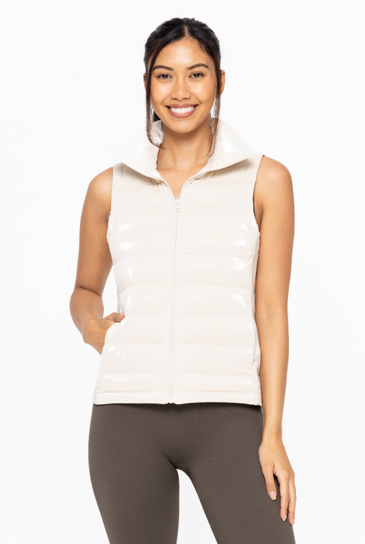 High Neck Padded Puffer Vest Natural