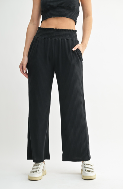 Sweet Soles Smocked Waistband Ribbed Wide Leg Pants Black