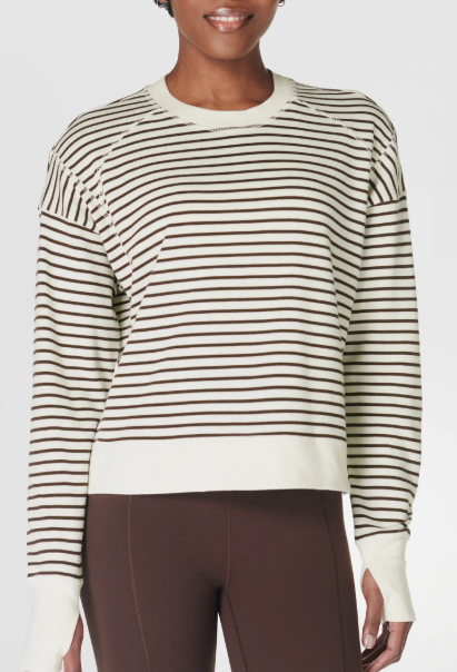 Sweaty Betty After Class Crop Sweatshirt- Lilly White/Sabel Brown Stripe