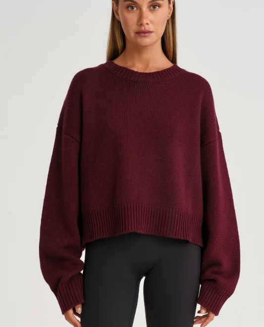 Allfenix Crop Crew Neck Knit Sweater Burgandy