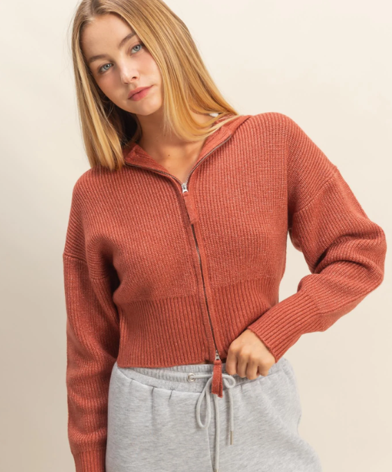 Sweet Soles Front Zip Collared Sweater Cardigan Rust