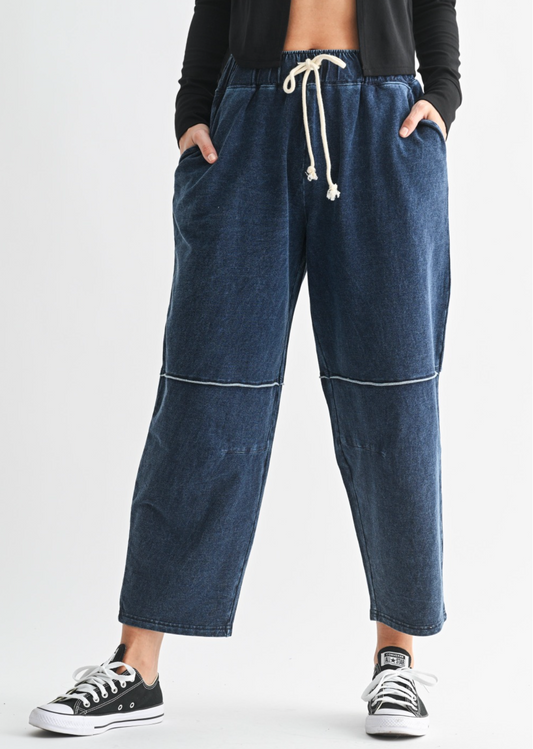 Sweet Soles Cotton Blend Mineral Wash Cropped Straight Leg Pants Denim Blue