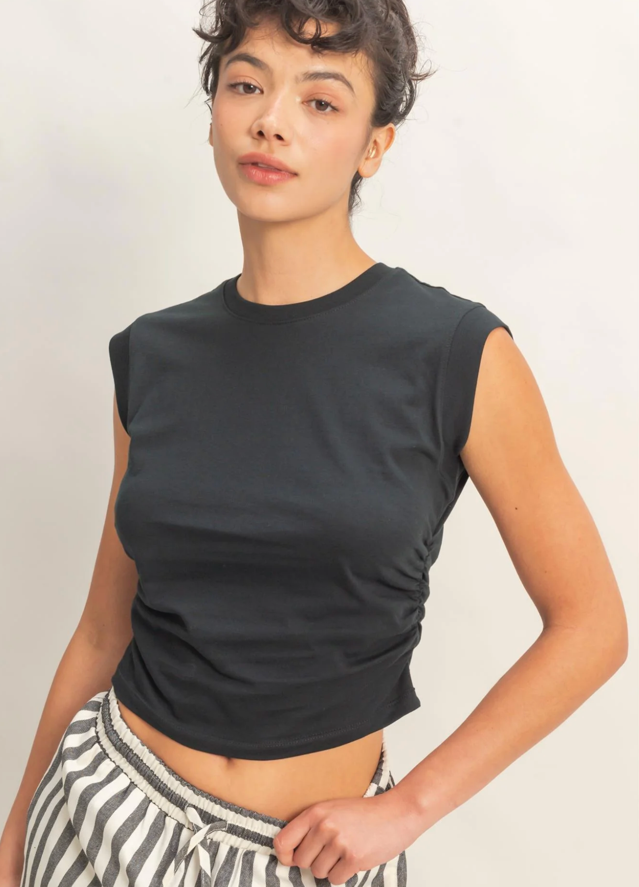 Sweet Soles Ruched Waist Sleeveless Cotton Top Black