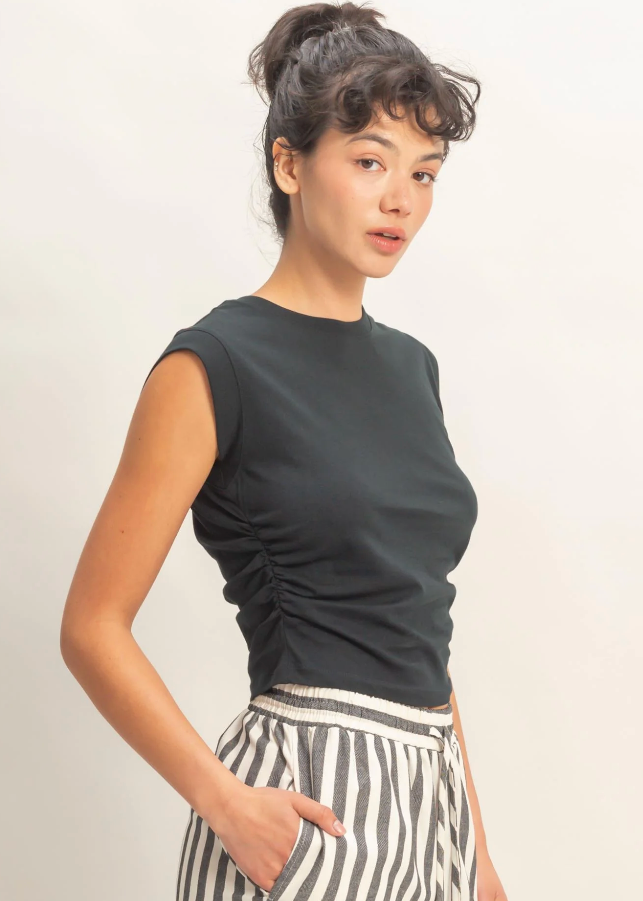Sweet Soles Ruched Waist Sleeveless Cotton Top Black
