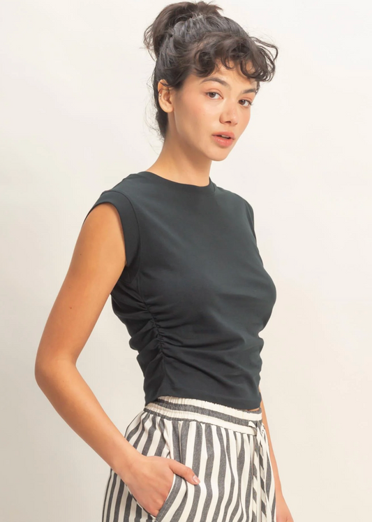 Sweet Soles Ruched Waist Sleeveless Cotton Top Black