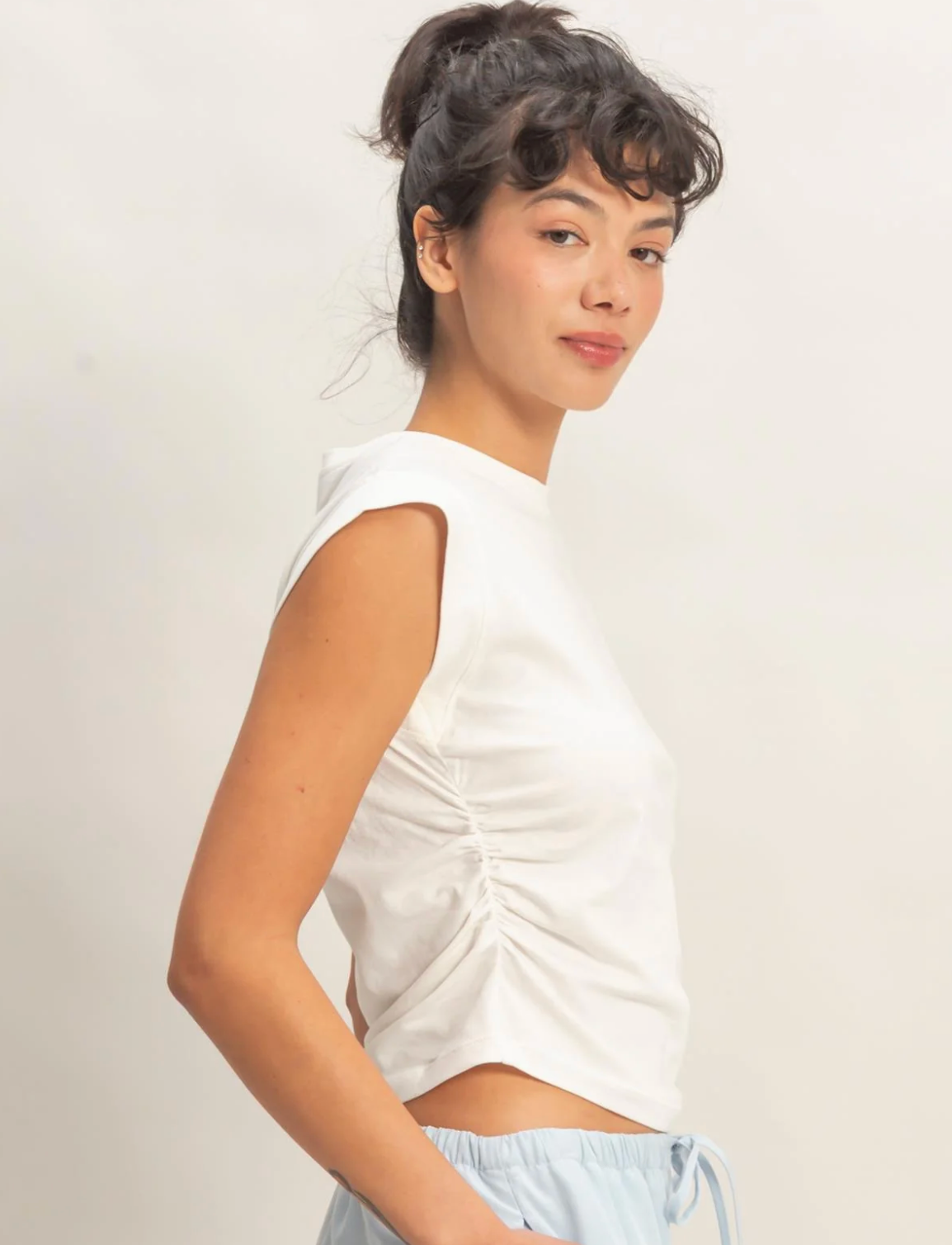 Sweet Soles Ruched Waist Sleeveless Cotton Top Off White