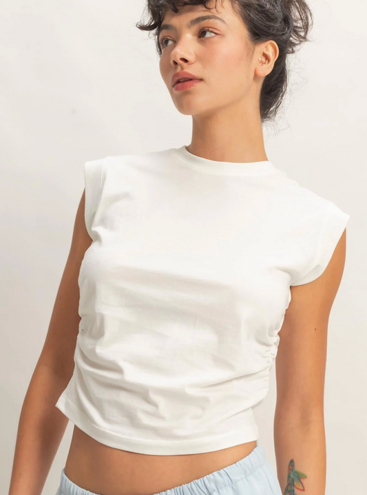 Sweet Soles Ruched Waist Sleeveless Cotton Top Off White