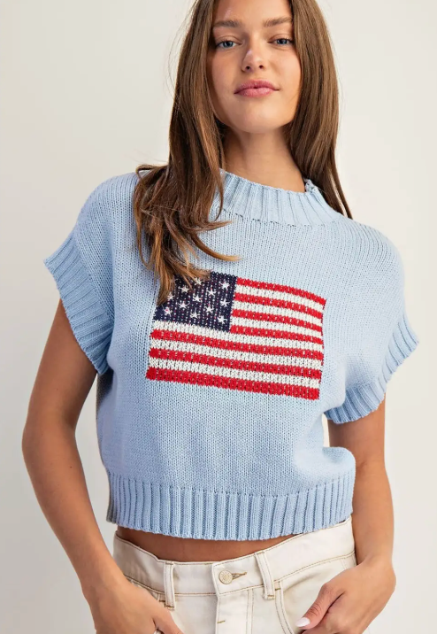 American Flag Sweater Top Light Blue