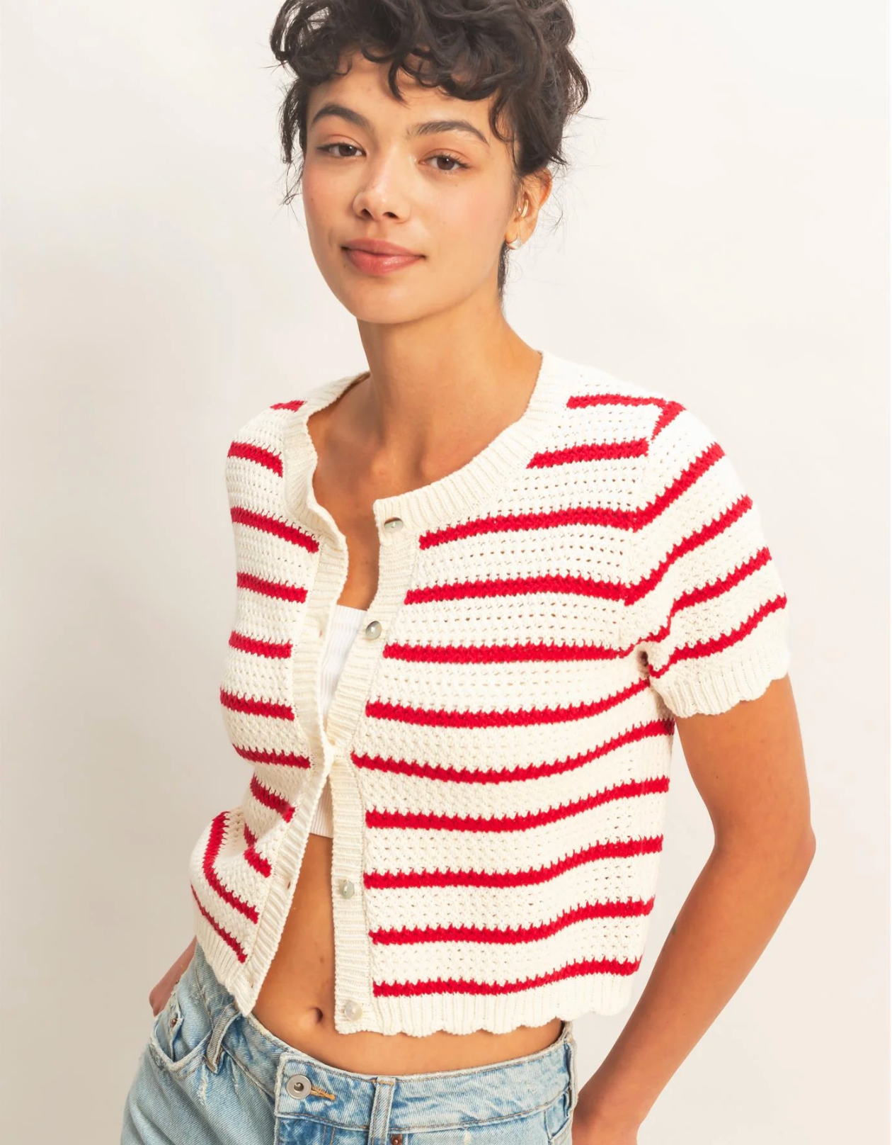 Sweet Soles Striped Short Sleeve Cardigan With Scallop Edge Red