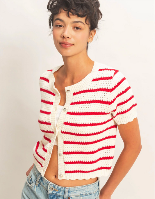 Sweet Soles Striped Short Sleeve Cardigan With Scallop Edge Red