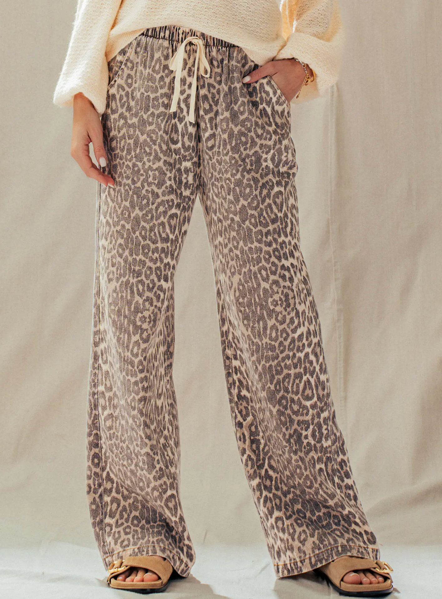Urban Daisy Leopard Print Wide Leg Cotton Pant with Drawstring