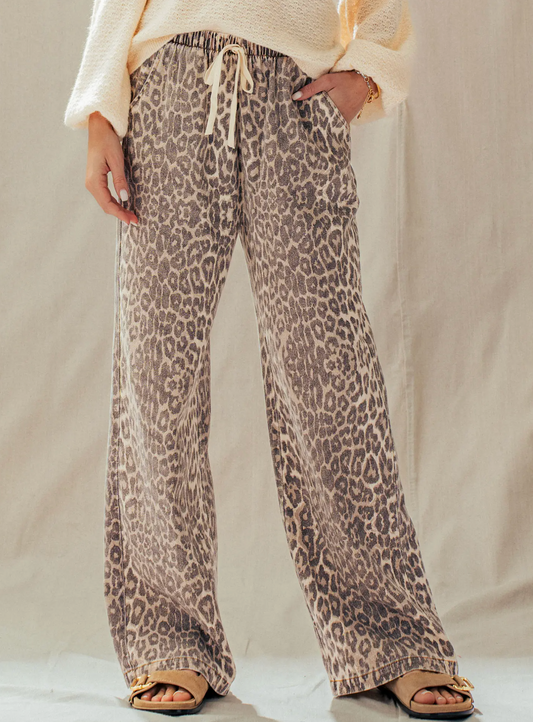 Urban Daisy Leopard Print Wide Leg Cotton Pant with Drawstring