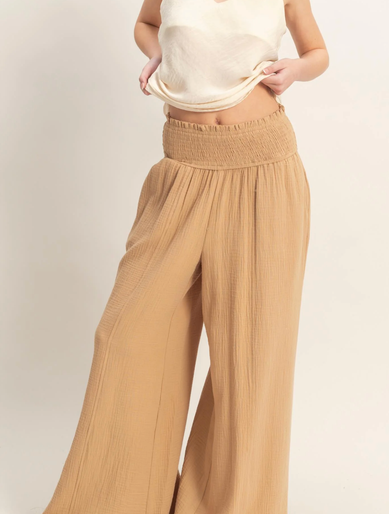 Sweet Soles Smocked Waist Wide-Leg Pants- Khaki