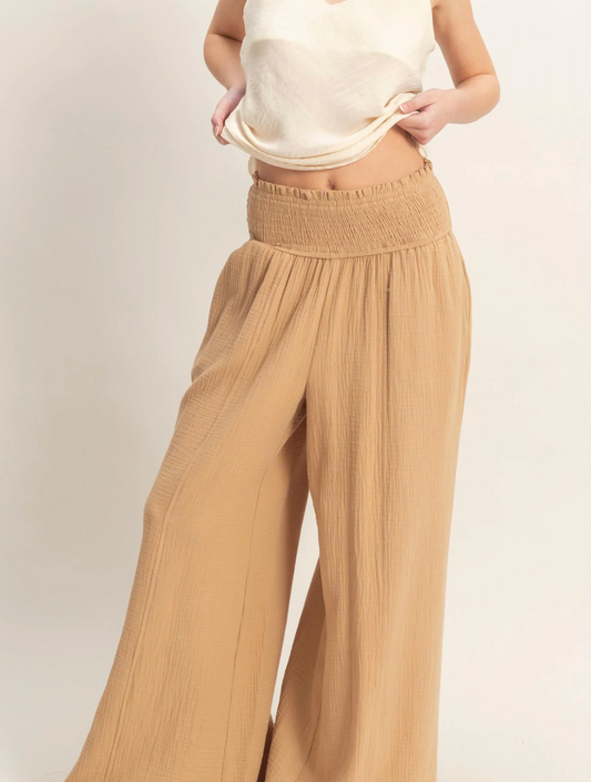 Sweet Soles Smocked Waist Wide-Leg Pants- Khaki