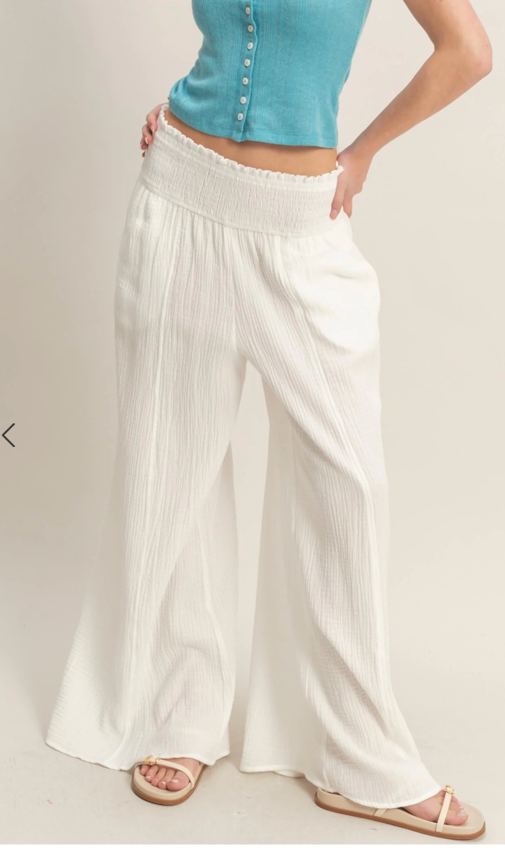 Sweet Soles Smocked Waist Wide-Leg Pants- Off White