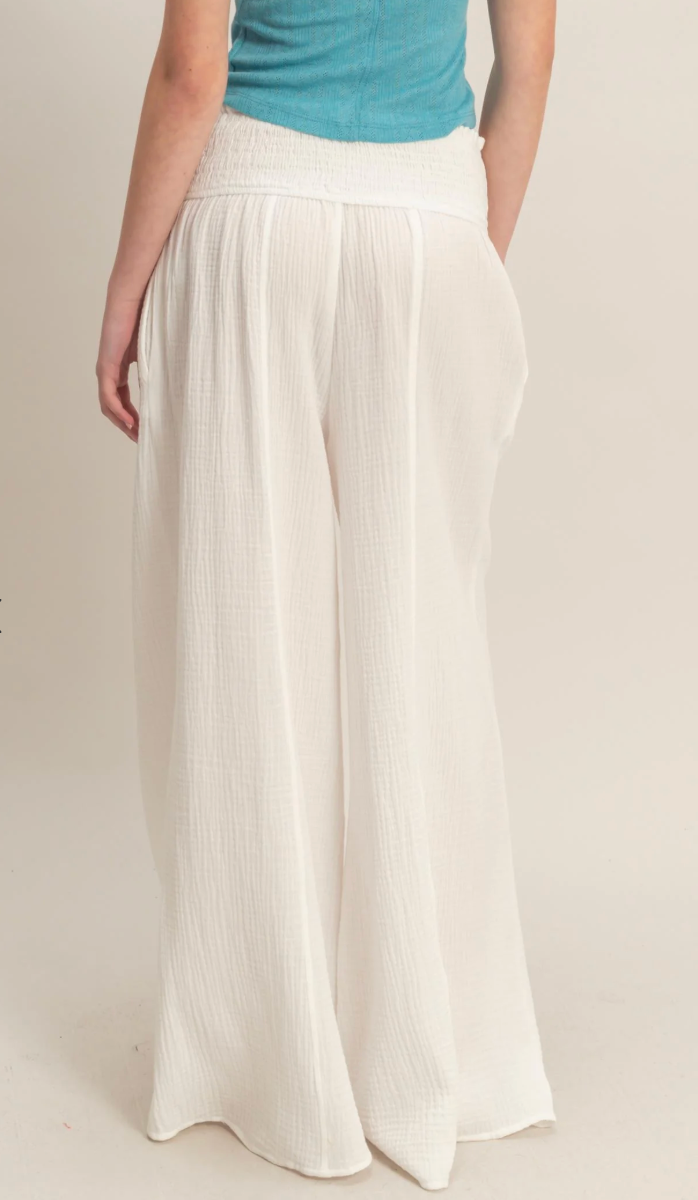 Sweet Soles Smocked Waist Wide-Leg Pants- Off White