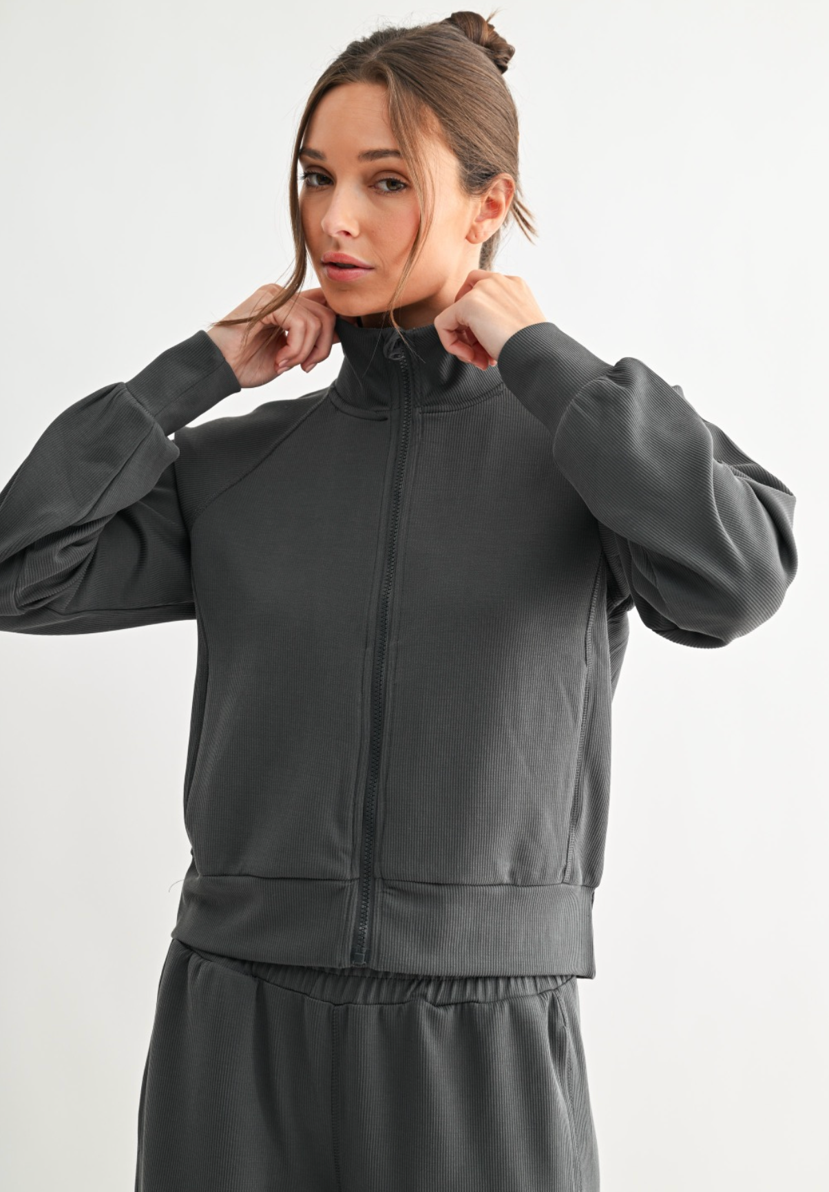 Sweet Soles Luxe Sand Wash Rib Zip Jacket - Ash Grey