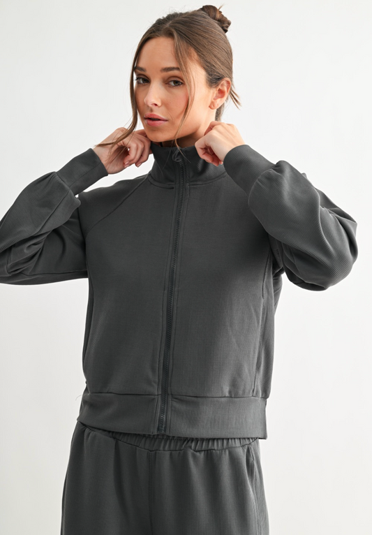 Sweet Soles Luxe Sand Wash Rib Zip Jacket - Ash Grey