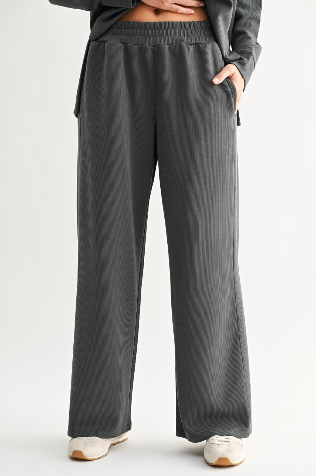 Sweet Soles Luxe Sand Wash Rib Wide Leg Pant - Ash Grey