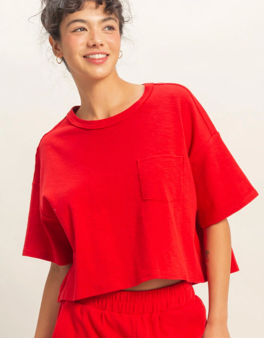 Sweet Soles Boxy Crew Neck Top With Pocket - Red