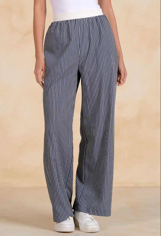 Elan Elastic Waist Straight Leg Pant Blue Stripe
