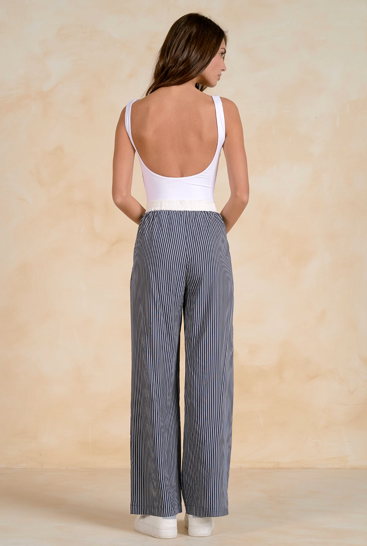 Elan Elastic Waist Straight Leg Pant Blue Stripe