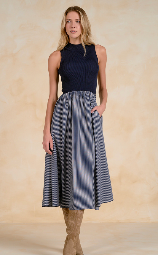 Elan Maxi Mock Neck Slvless Dress Navy and Black