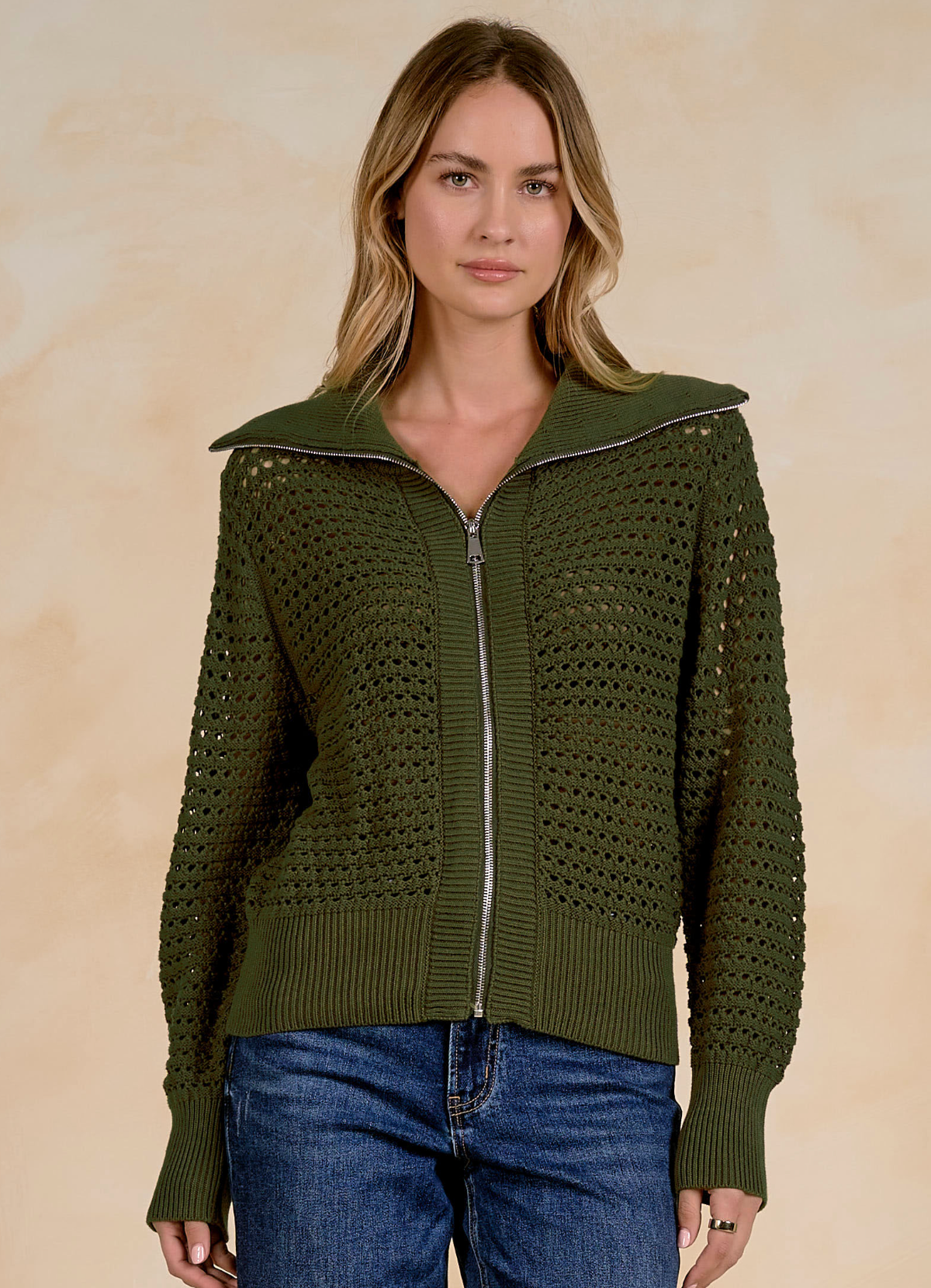 Elan Cardigan ZipUp Open Knit - Olive