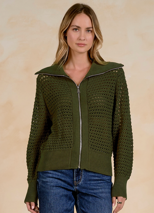 Elan Cardigan ZipUp Open Knit - Olive