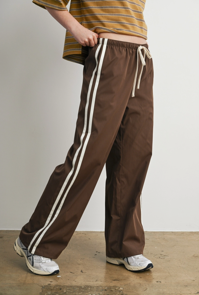 Striped, Drawstring Wide-Leg Cuffed Pants Brown/White