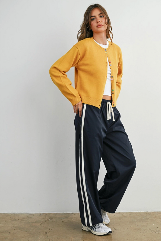 Striped, Drawstring Wide-Leg Cuffed Pants Navy/White