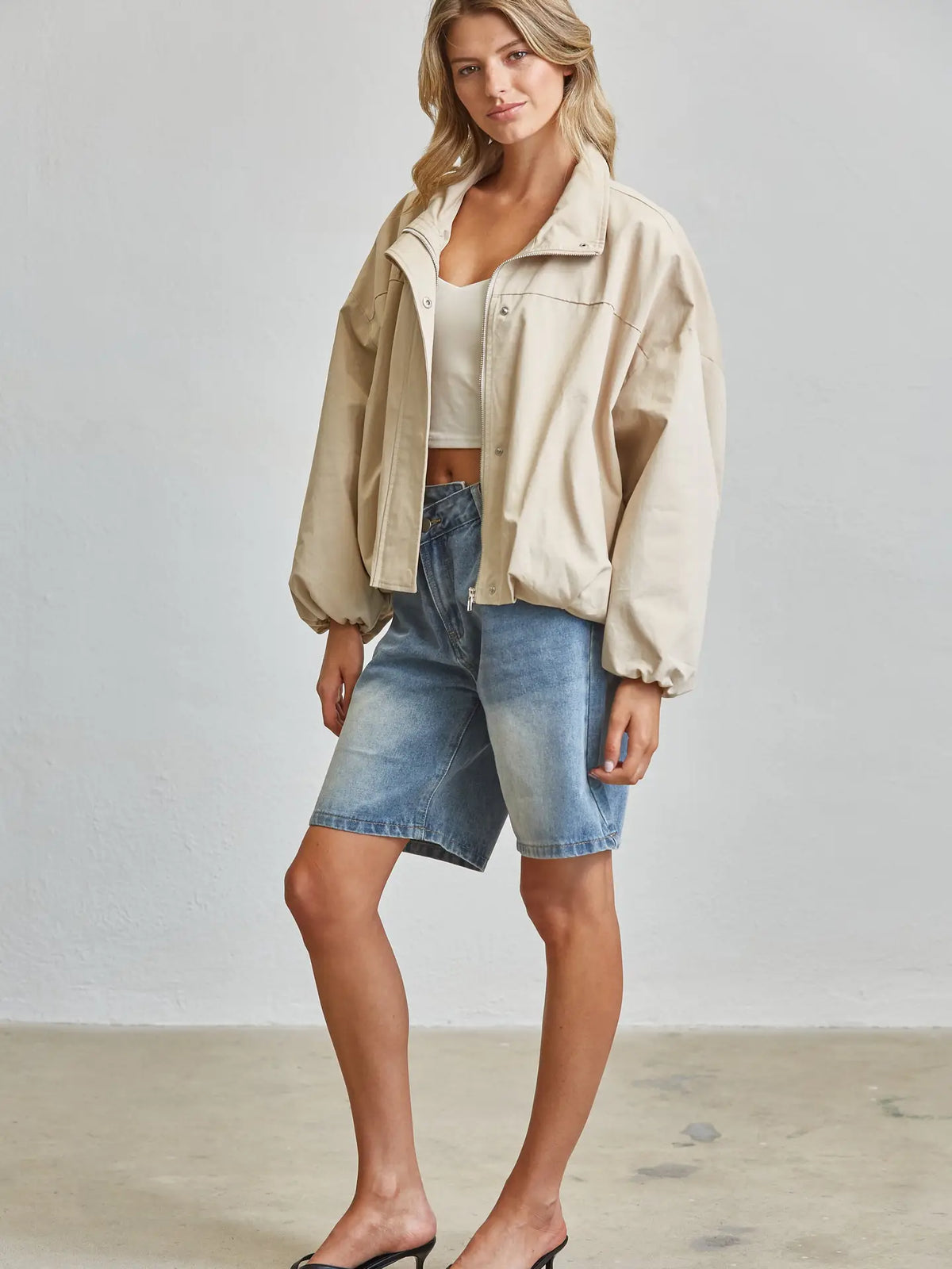 ADALIA Funnel Neck Balloon Jacket - Beige